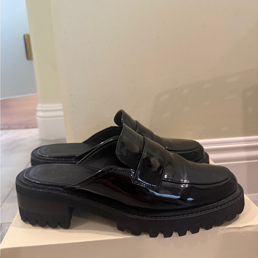 Aerosols Black Patent Leather Chunky Mule Loafers